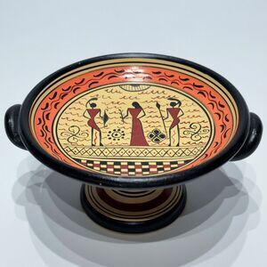 Vintage Hand Made Savas Ceramics Rhodes Small Pedestal Bowl Greek Figures (A9)